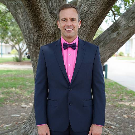 Photograph of a smiling man with short brown hair, wearing a black tuxedo with pink shirt and black bow tie, standing in front of a
