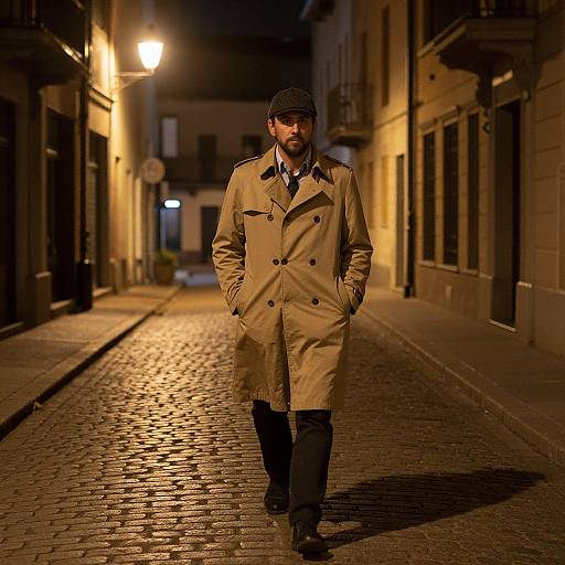 Photograph of a bearded man in a tan trench coat and black hat walking down a dimly lit, cobblestone street at night. Warm