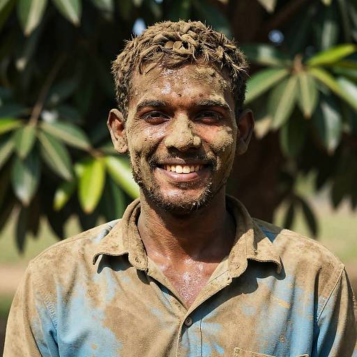 Joyful Man with Muddy Face in Nature