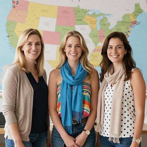 Three Friends Smiling Before US Map