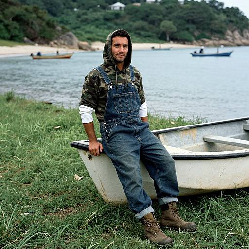 Photograph of a bearded man in camo hoodie and denim overalls, sitting in a white rowboat on grassy lakeshore.
