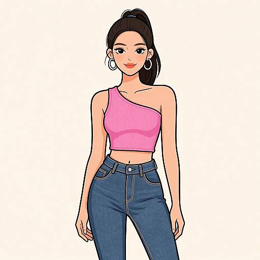 Digital illustration of a young woman with fair skin, black hair in a high ponytail, wearing a pink one-shoulder crop top and high-w