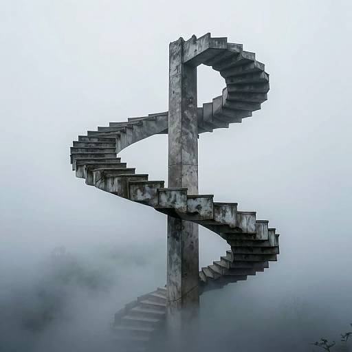 Photograph of a foggy, concrete spiral staircase monument resembling a 
