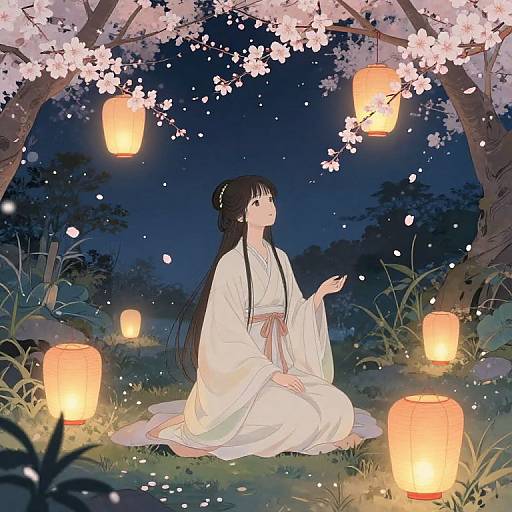 Anime-style illustration of a long-haired woman in a white kimono, sitting under cherry blossoms at night, surrounded by glowing lanterns.