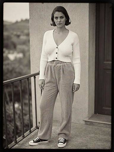 Photograph of a woman with short dark hair, wearing a white cardigan, high-waisted pants, and black-and-white sneakers, standing on