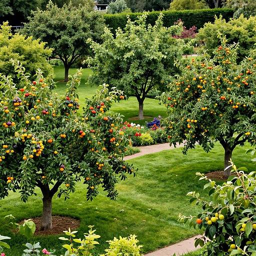 Photograph of a vibrant, well-maintained garden with orange trees laden with ripe fruit, surrounded by lush green grass and colorful flowerbeds,