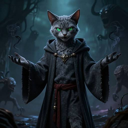 Digital artwork of a glowing green-eyed, grey-furred cat in a tattered, dark robe with a ornate necklace, standing in a mystical,