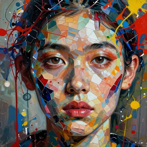 Digital mosaic portrait of a young woman with large, expressive eyes, colorful fragmented tiles, and vibrant paint splatters, creating a modern, abstract style.