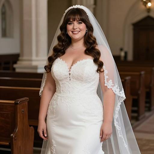 Photograph of a smiling, curvy, fair-skinned bride with long brown hair, wearing a lace-trimmed white wedding dress and veil,