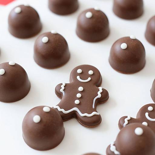 Photograph of chocolate-covered cookies and balls, white icing smile and dots, arranged on white background, festive and sweet.