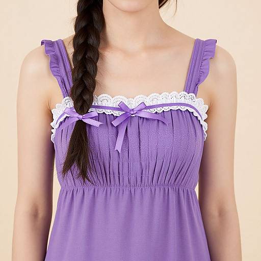 Photograph of a woman's upper body wearing a purple, lace-trimmed, sleeveless dress with a bow, and a long braided hair