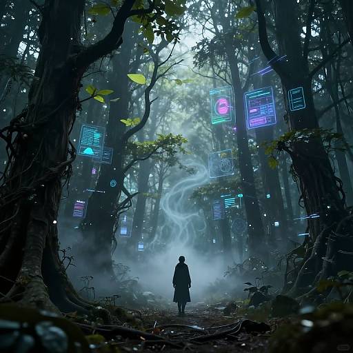 Digital art: Silhouetted figure in a hooded cloak stands in a dark, misty forest with glowing, neon-blue and purple holographic