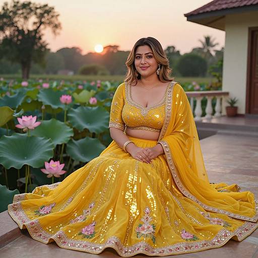 Photograph of a smiling South Asian woman in a shimmering yellow traditional lehenga with floral embroidery, seated by a sunset-lit pond with pink lot