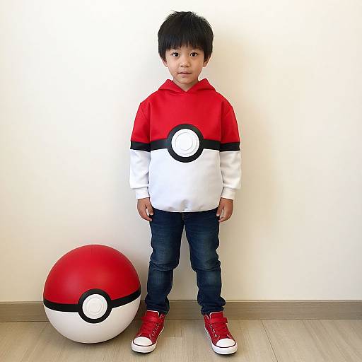 Photograph of an Asian boy with black hair, wearing a red and white Pikachu hoodie, black pants, and red sneakers, standing beside a large Pok