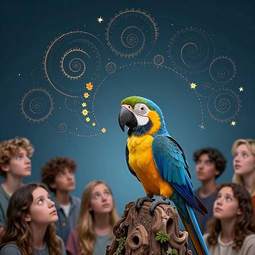 Photograph of a colorful blue and yellow macaw perched on a wooden stump, surrounded by six curious, wide-eyed teenagers against a blue gradient background