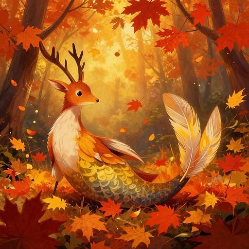 Digital artwork of a mythical deer with a fish tail, golden scales, and white feathers, standing in an autumn forest with vibrant red and orange leaves.