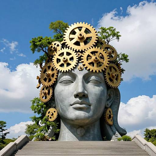 Photograph of a large, metallic, gray Buddha head with golden gears on its head, set against a blue sky with white clouds and trees.