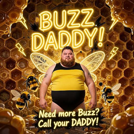 Photograph of a bearded, heavyset man in a yellow and black bee costume with translucent wings, surrounded by honeycomb and bees, with neon