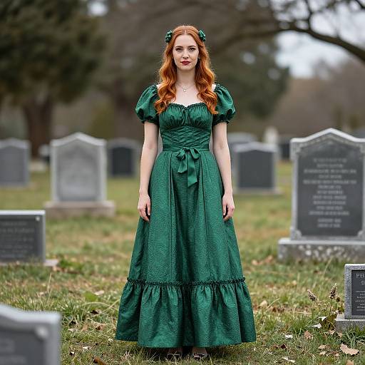 Photograph of a red-haired woman in a green Victorian-style dress with puffed sleeves, standing in a cemetery with blurred gravestones in the background