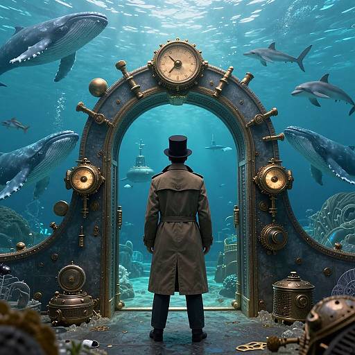 Steampunk Man at Underwater Portal