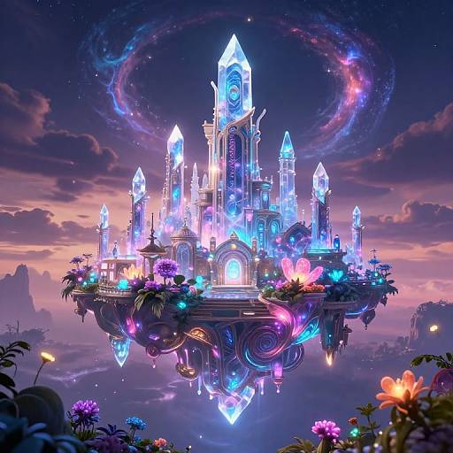 Digital fantasy artwork of a glowing, neon-blue floating castle with crystal spires, surrounded by vibrant flowers, and a swirling galaxy-like aura in a twilight
