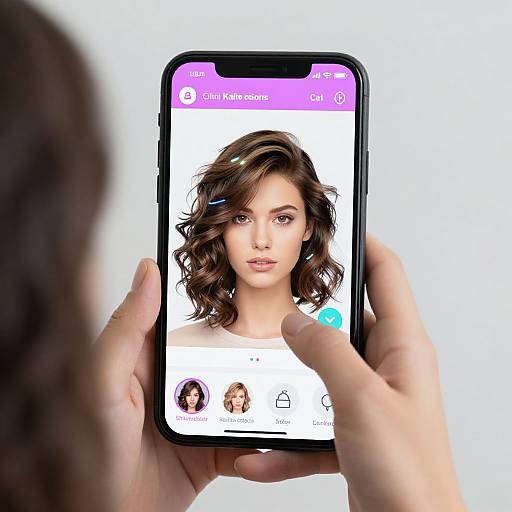 Photograph of a hand holding a smartphone displaying a woman's profile photo on a social media app, with blurred hand in foreground.