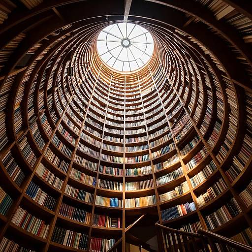 Photograph of a circular library with spiral bookshelves, illuminated by a bright skylight at the center, creating a mesmerizing pattern.