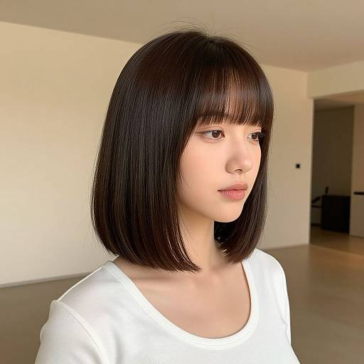 Photorealistic CGI of an Asian woman with straight, black bob haircut, white shirt, and light skin, looking to the right in a minimalistic