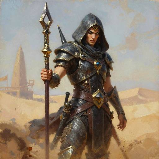 Digital painting of a fierce, armored warrior with a black hood, holding a gold-tipped spear, standing in a sandy desert landscape.