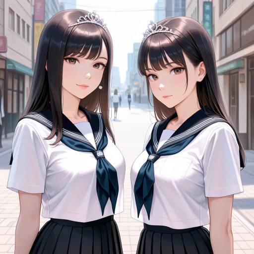 Elegant Schoolgirls in Moonlit Urban Setting Elegant Schoolgirls in Moonlit Urban Setting