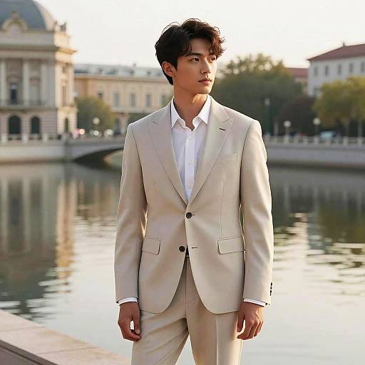 Photograph of an Asian man in a beige suit, white shirt, standing by a reflective river with classical buildings in the background.