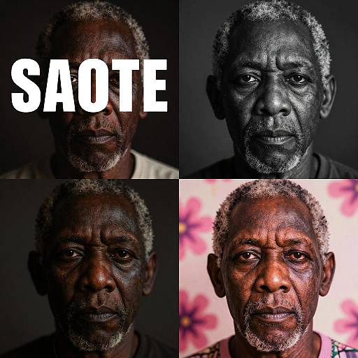 Photographic collage of four close-up portraits of an elderly African-American man with gray curly hair, showing different lighting and expressions. 
