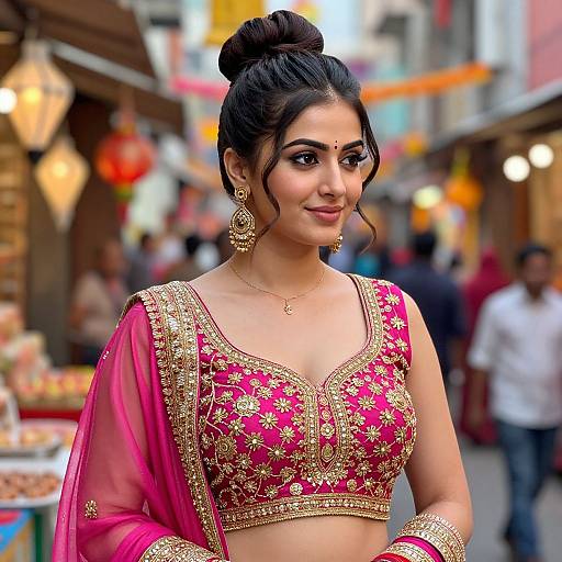 Photograph of a beautiful Indian woman with dark hair in an updo, wearing a pink and gold embroidered traditional blouse and dupatta, standing in a