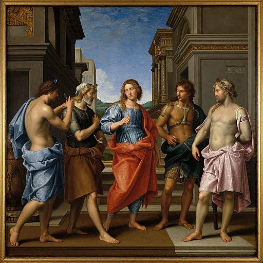 Renaissance-style painting of five muscular, semi-nude men and one clothed woman in classical robes, standing in an ancient architectural setting.