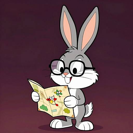 Cartoon gray bunny with large glasses and pink inner ears, holding a map with colorful icons, stands against a dark purple background.