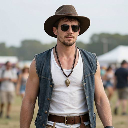 Photograph of a muscular, bearded man in a brown hat, sunglasses, white tank top, denim vest, and necklace, standing outdoors. Bl