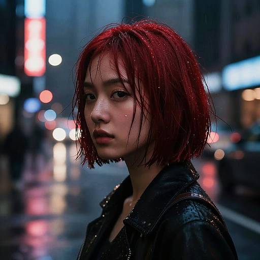 Neon Rainy Night with Red Bob