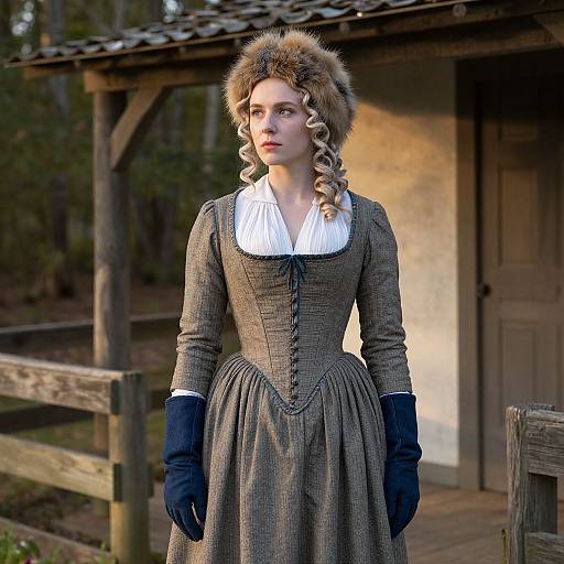 Photograph of a young woman in 18th-century attire with curly hair, fur hat, brown checkered dress, black gloves, standing in front