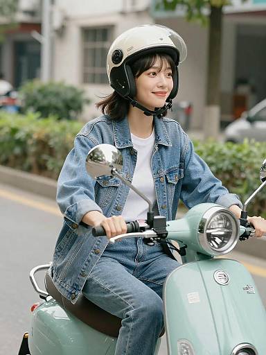 Woman Riding Vintage Scooter in Denim Outfit