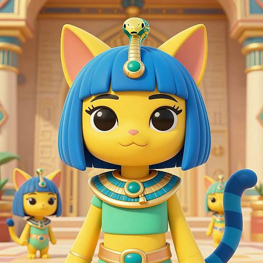 Digital CGI image of a cute, yellow, cat-like character with blue bob haircut, Egyptian attire, and snake headdress in an ancient temple.