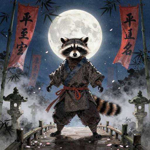 Raccoon Ronin on Moonlit Bamboo Bridge