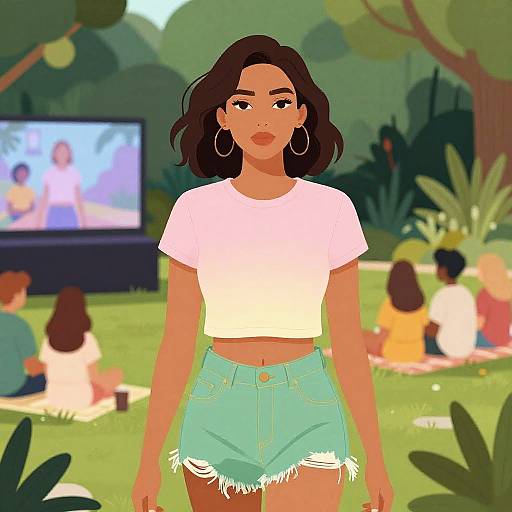 Digital illustration of a young woman with medium brown skin, wavy black hair, and hoop earrings, wearing a white crop top and frayed green shorts