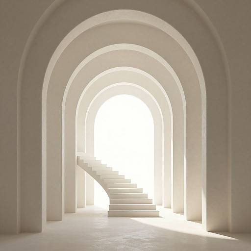 Photograph of a minimalist, white, arched hallway with three successive arches leading to bright sunlight and a staircase.
