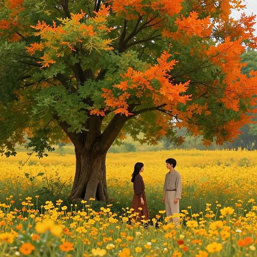 Photograph of a couple standing under a large tree with vibrant orange leaves, surrounded by a bright yellow wildflower field.
