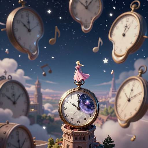Digital art: Blonde princess in pink dress standing on a clock, surrounded by floating clocks and musical notes, against a starry night sky with a distant