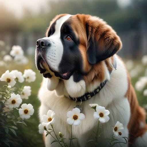 Realistic Saint Bernard Among Flowers