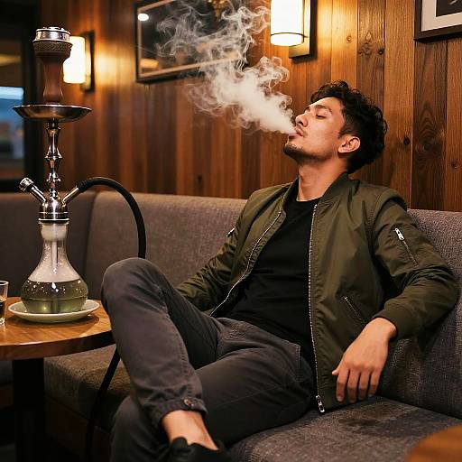 Man Relaxing in Stylish Hookah Bar