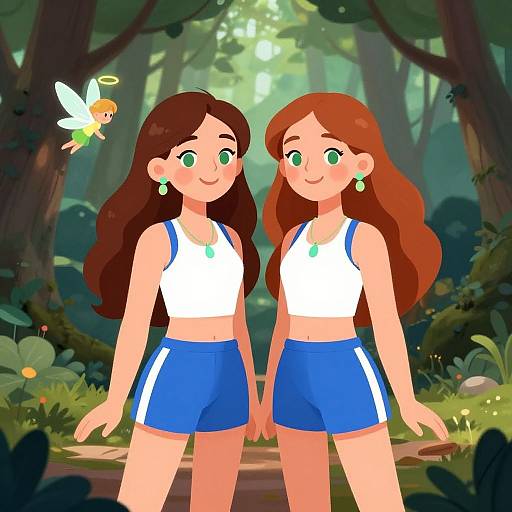 Digital illustration of two young girls with green eyes, long brown hair, wearing white crop tops and blue shorts, standing in a lush forest with a small