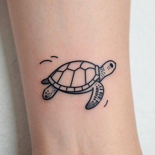 Black ink turtle tattoo on light skin, minimalist style with dotted patterns on flippers and shell, simple curved lines indicating movement.