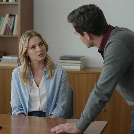 Two people having serious conversation in office